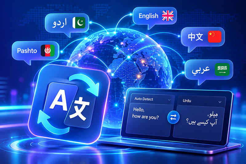 Translation interface connecting Pashto, Urdu, English, Chinese, and Arabic