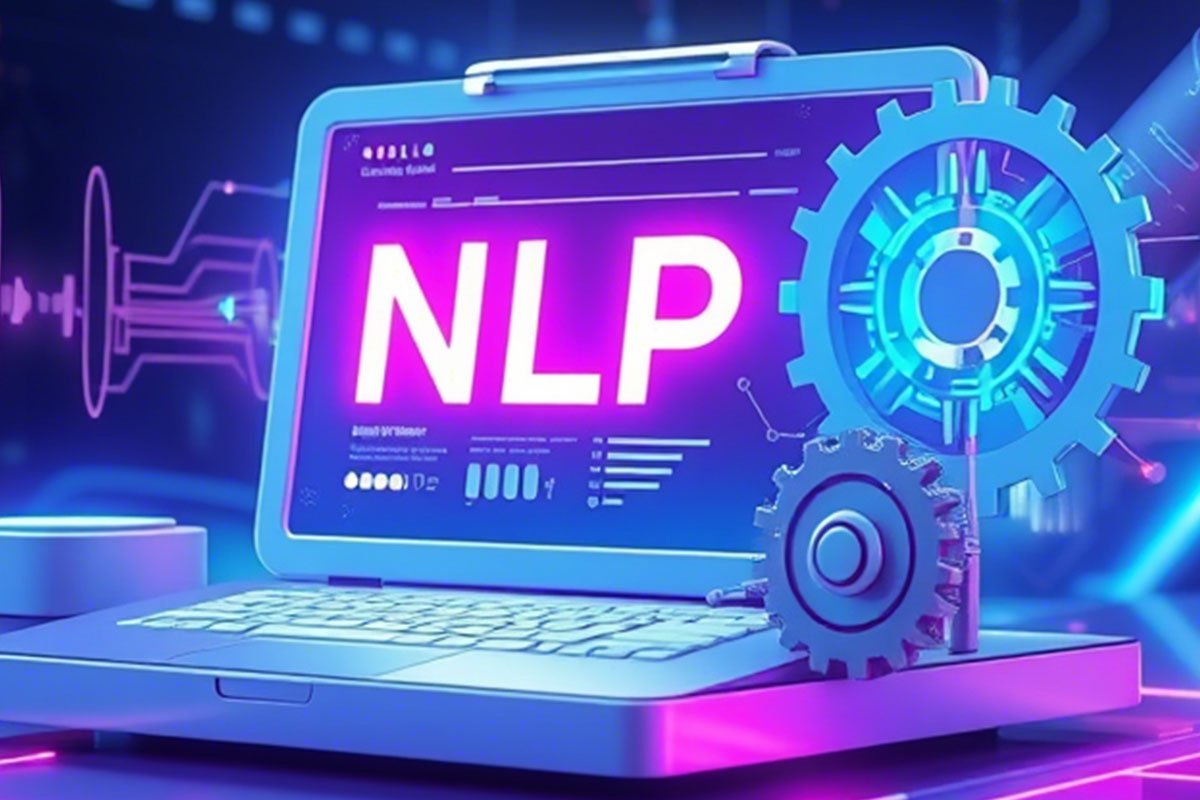 Illustration of a laptop screen reading NLP, surrounded by gears