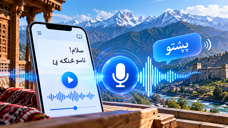 Phone playing Pashto speech with a voice waveform